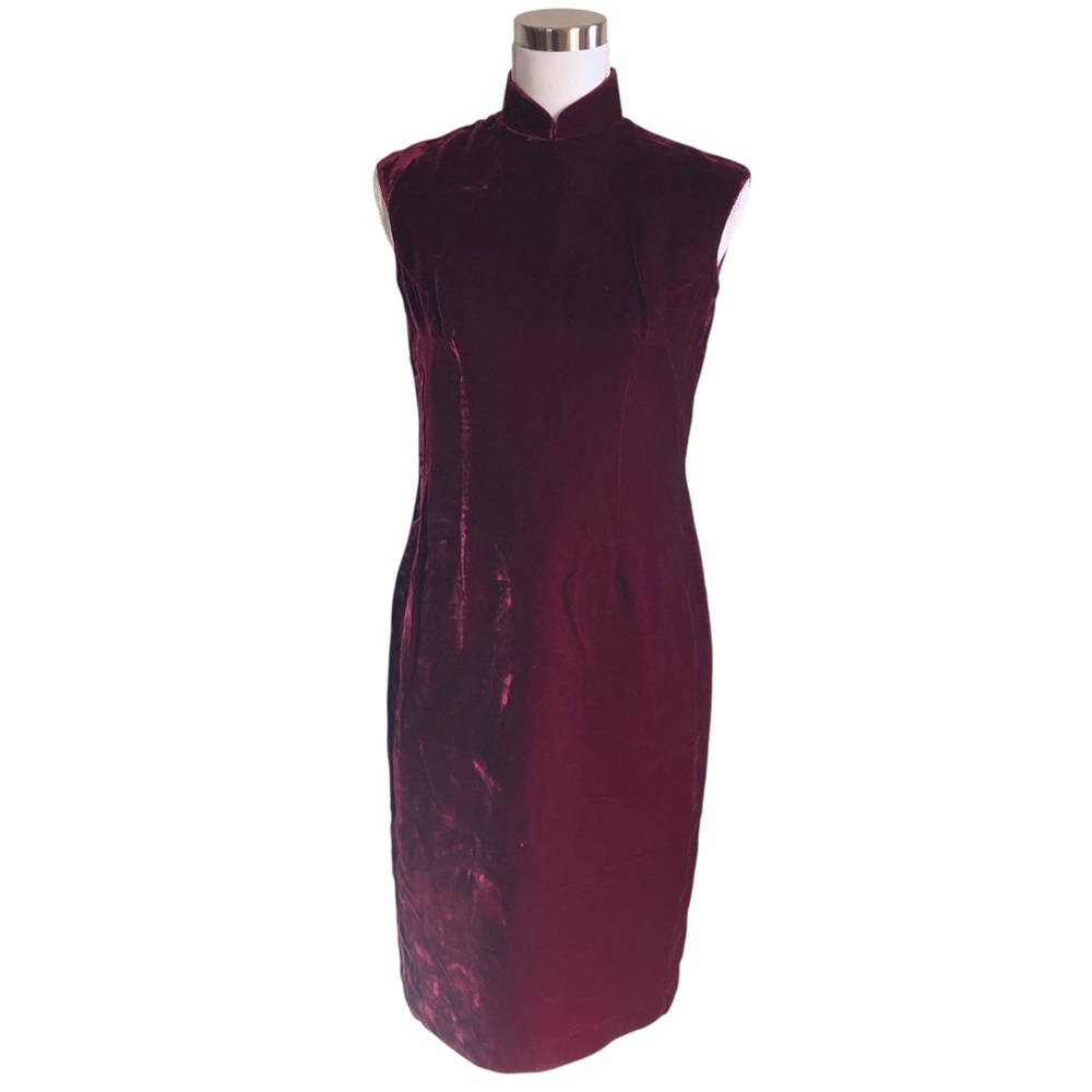 VINTAGE 90s Y2K Handmade Burgundy Velvet Mandarin Collar Sleeveless Mini Dress S